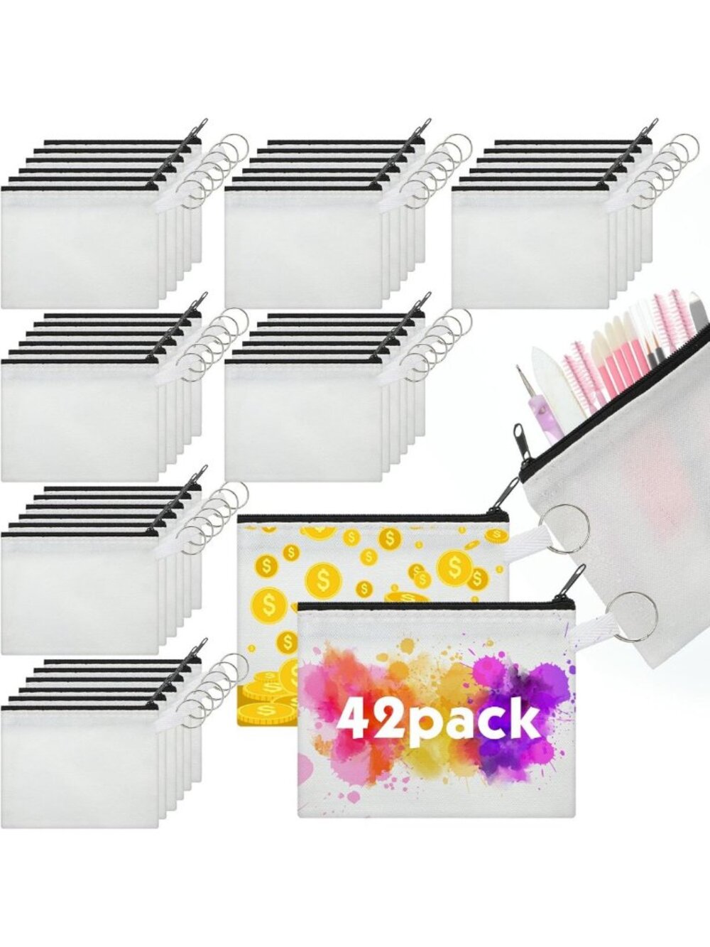 42 Pcs Sublimation Blank Coin Purse & Small Canvas Makeup Bags - Black Set